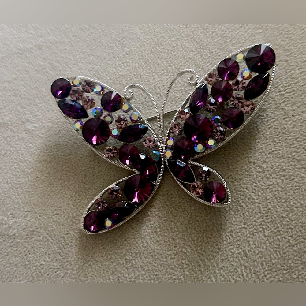 Rhinestone Purple Pink Butterfly Brooch - SilverTone Accent beautiful vintage